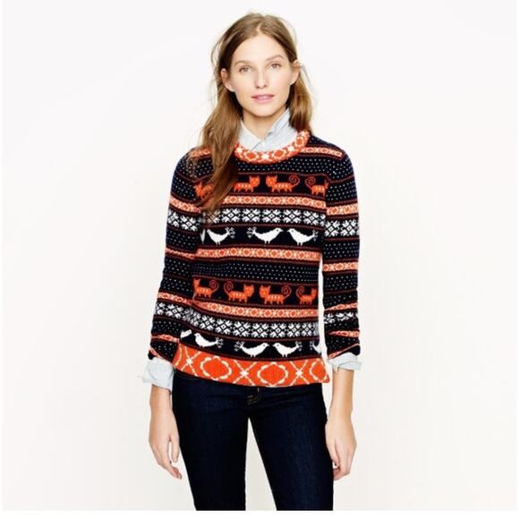 J.Crew Wool Cat Chicken Fair Isle Pullover Sweater, Women’s Small Black/Orange - Picture 1 of 11